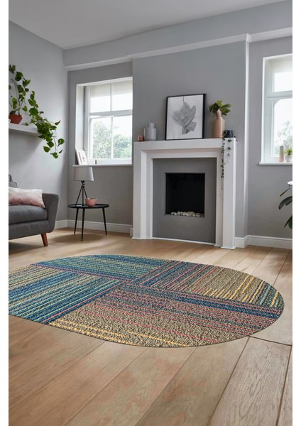 3D Modern Kilim Desen Dijital Kaymaz Yıkanabilir Oval Yolluk Mutfak Salon Halısı O-Modern-34-Renkli