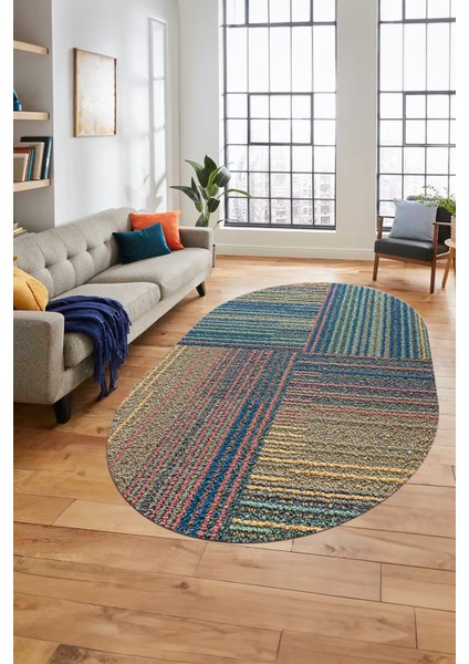 3D Modern Kilim Desen Dijital Kaymaz Yıkanabilir Oval Yolluk Mutfak Salon Halısı O-Modern-34-Renkli