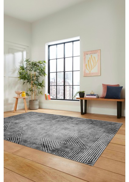 Şık Desen Baskılı Kaymaz Taban Yıkanabilir Modern Yolluk Salon Halısı MODERN-111-GRİ