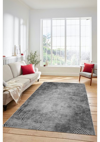 Şık Desen Baskılı Kaymaz Taban Yıkanabilir Modern Yolluk Salon Halısı MODERN-111-GRİ