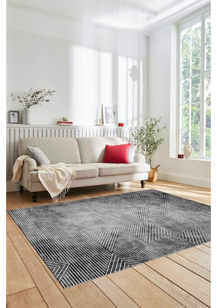 Şık Desen Baskılı Kaymaz Taban Yıkanabilir Modern Yolluk Salon Halısı MODERN-111-GRİ
