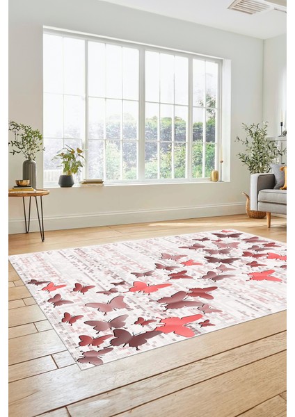 Dijital Baskılı Kaymaz Yıkanabilir Kelebek Desen Yolluk Mutfak Salon Halısı Modern-42-Pembe