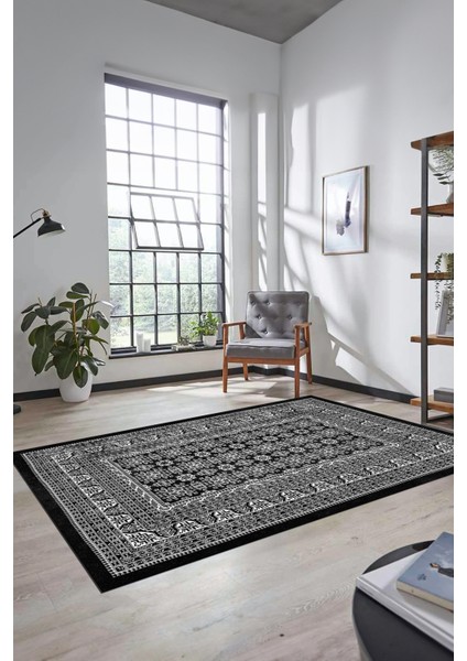 Etnik Desen Baskılı Kaymaz Taban Yıkanabilir Modern Yolluk Salon Halısı MODERN-113-ANTRASİT
