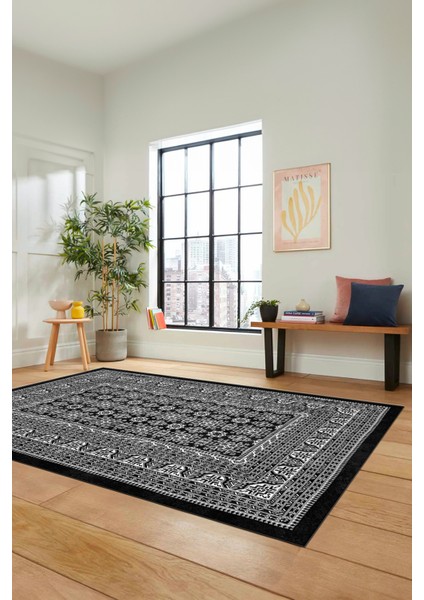 Etnik Desen Baskılı Kaymaz Taban Yıkanabilir Modern Yolluk Salon Halısı MODERN-113-ANTRASİT
