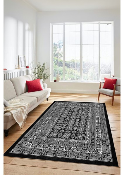 Etnik Desen Baskılı Kaymaz Taban Yıkanabilir Modern Yolluk Salon Halısı MODERN-113-ANTRASİT
