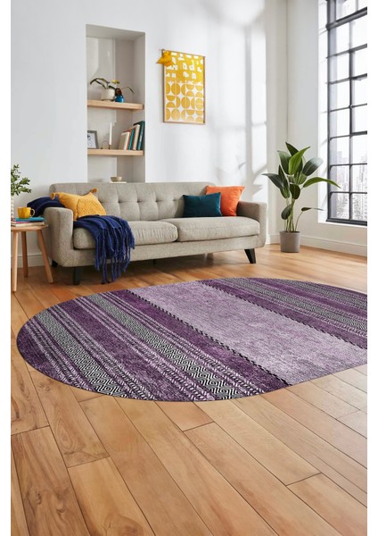 Kilim Desen Özel Tasarım Dijital Kaymaz Yıkanabilir Oval Yolluk Salon Halısı O-Modern-83-Mor