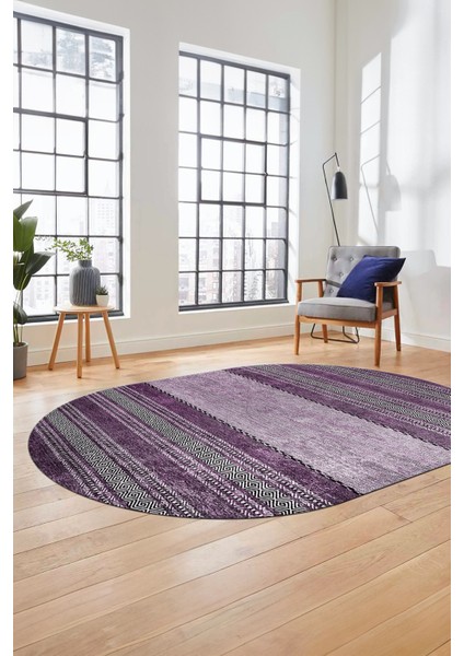 Kilim Desen Özel Tasarım Dijital Kaymaz Yıkanabilir Oval Yolluk Salon Halısı O-Modern-83-Mor indirimleri