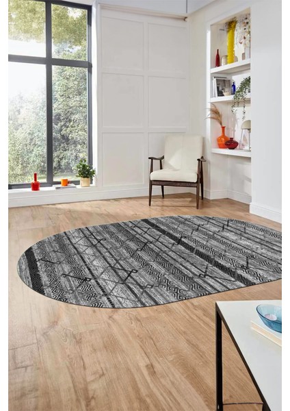 Kilim Desen Özel Tasarım Dijital Kaymaz Yıkanabilir Oval Yolluk Salon Halısı O-Modern-85-Gri modelleri