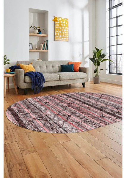 Kilim Desen Özel Tasarım Dijital Kaymaz Yıkanabilir Oval Yolluk Salon Halısı O-Modern-85-Pembe