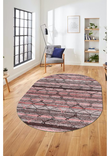 Kilim Desen Özel Tasarım Dijital Kaymaz Yıkanabilir Oval Yolluk Salon Halısı O-Modern-85-Pembe fırsatları