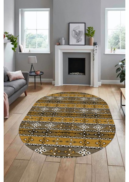 Modern Etnik Dijital Kaymaz Yıkanabilir Oval Yolluk Mutfak Salon Halısı O-Modern-19-Kahve fiyatları