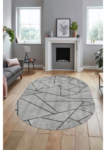 Sade Desenli Baskılı Kaymaz Taban Yıkanabilir Oval Yolluk Salon Halısı O-MODERN-117-GRİ fırsatları