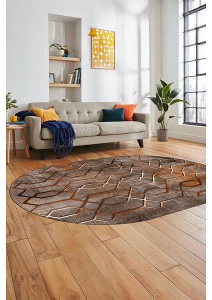 Modern Desen Dijital Kaymaz Yıkanabilir Oval Yolluk Mutfak Salon Halısı O-Modern-90-Kahve