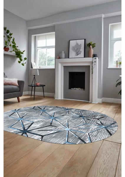 3D Baskılı Kaymaz Yıkanabilir Modern Oval Yolluk Koridor Mutfak Salon Halısı O-Modern-39-Mavi fiyatları