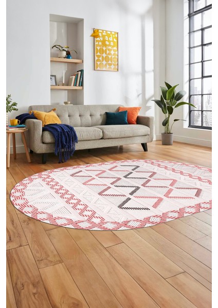 Kilim Desen Modern Tasarım Dijital Kaymaz Yıkanabilir Oval Yolluk Salon Halısı O-Modern-81-Pembe