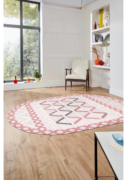 Kilim Desen Modern Tasarım Dijital Kaymaz Yıkanabilir Oval Yolluk Salon Halısı O-Modern-81-Pembe