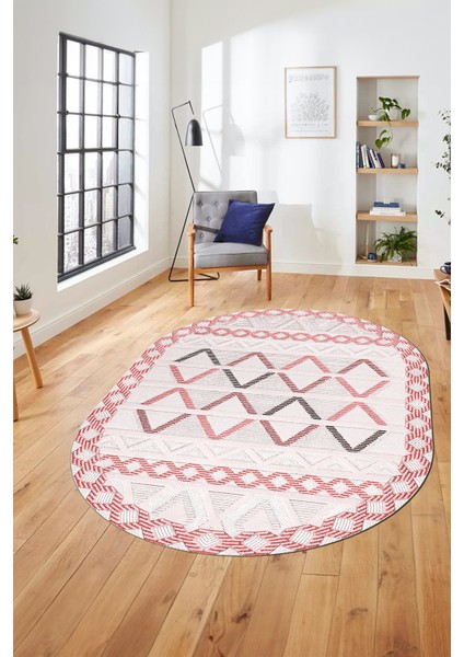 Kilim Desen Modern Tasarım Dijital Kaymaz Yıkanabilir Oval Yolluk Salon Halısı O-Modern-81-Pembe