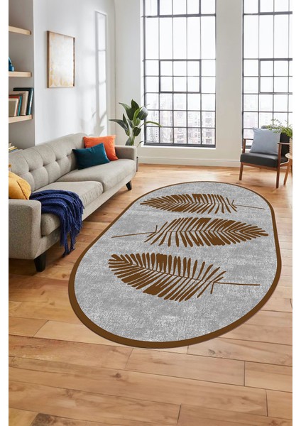 Baskılı Kaymaz Yıkanabilir Modern Yaprak Desen Oval Yolluk Mutfak Salon Halısı O-Modern-41-Kahve modelleri