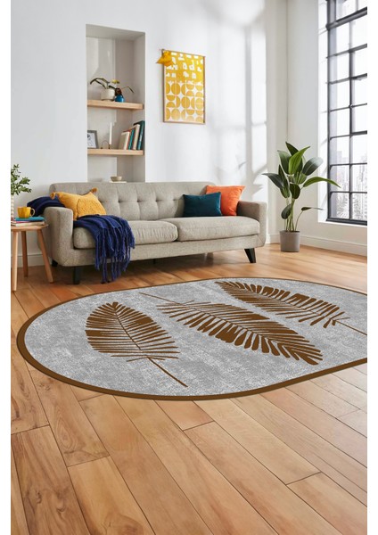 Baskılı Kaymaz Yıkanabilir Modern Yaprak Desen Oval Yolluk Mutfak Salon Halısı O-Modern-41-Kahve fırsatları