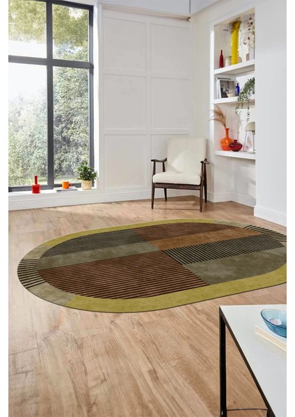 Baskılı Kaymaz Taban Yıkanabilir Modern Şık Oval Yolluk Mutfak Salon Halısı O-MODERN-107-KAHVE