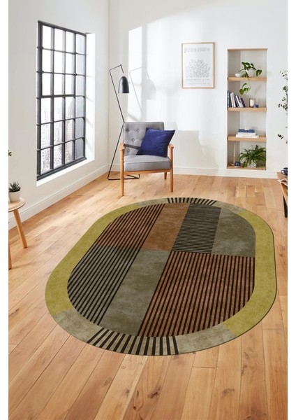 Baskılı Kaymaz Taban Yıkanabilir Modern Şık Oval Yolluk Mutfak Salon Halısı O-MODERN-107-KAHVE fiyatları