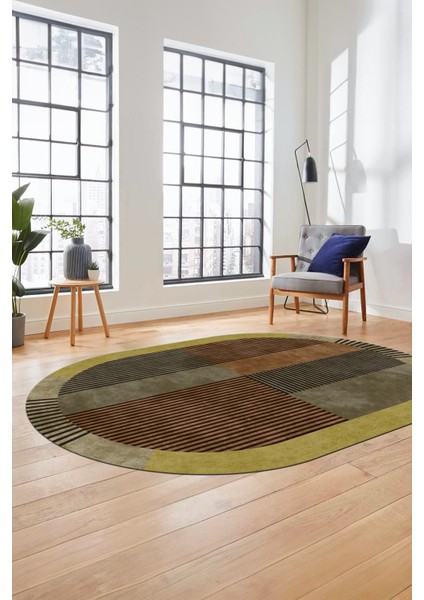 Baskılı Kaymaz Taban Yıkanabilir Modern Şık Oval Yolluk Mutfak Salon Halısı O-MODERN-107-KAHVE modelleri