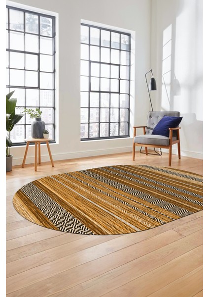 Modern Kilim Dijital Kaymaz Yıkanabilir Oval Yolluk Mutfak Salon Halısı O-Modern-17-Kahve