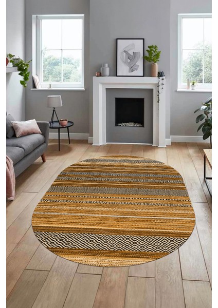 Modern Kilim Dijital Kaymaz Yıkanabilir Oval Yolluk Mutfak Salon Halısı O-Modern-17-Kahve fiyatları
