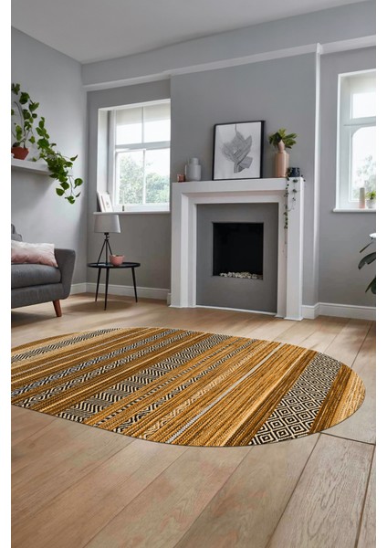 Modern Kilim Dijital Kaymaz Yıkanabilir Oval Yolluk Mutfak Salon Halısı O-Modern-17-Kahve modelleri