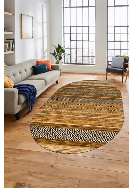 Modern Kilim Dijital Kaymaz Yıkanabilir Oval Yolluk Mutfak Salon Halısı O-Modern-17-Kahve fırsatları