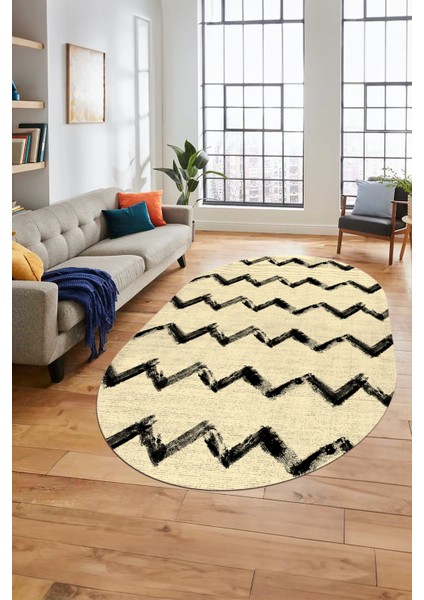 Modern Çizgili Zik Zak Desenli Dijital Kaymaz Yıkanabilir Oval Yolluk Salon Halısı O-Modern-71-Krem
