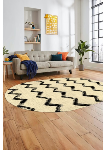 Modern Çizgili Zik Zak Desenli Dijital Kaymaz Yıkanabilir Oval Yolluk Salon Halısı O-Modern-71-Krem fiyatları