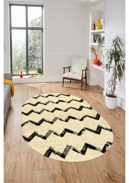 Modern Çizgili Zik Zak Desenli Dijital Kaymaz Yıkanabilir Oval Yolluk Salon Halısı O-Modern-71-Krem modelleri
