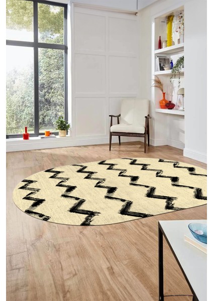 Modern Çizgili Zik Zak Desenli Dijital Kaymaz Yıkanabilir Oval Yolluk Salon Halısı O-Modern-71-Krem fırsatları