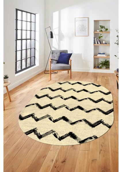 Modern Çizgili Zik Zak Desenli Dijital Kaymaz Yıkanabilir Oval Yolluk Salon Halısı O-Modern-71-Krem indirimleri