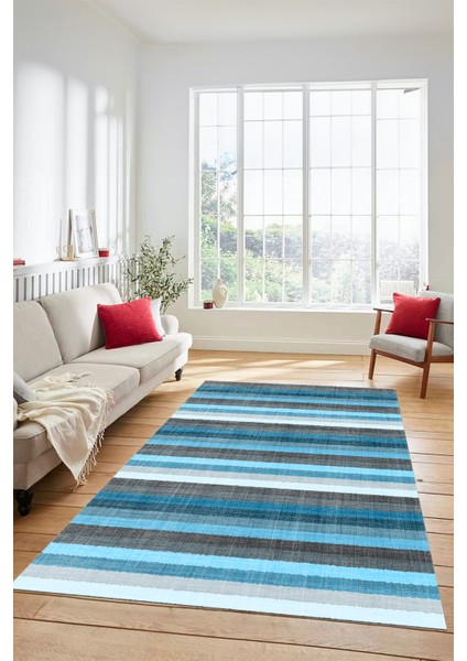 Modern Kilim Desen Dijital Kaymaz Yıkanabilir Yolluk Mutfak Salon Halısı Modern-25-Mavi