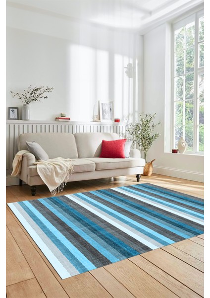 Modern Kilim Desen Dijital Kaymaz Yıkanabilir Yolluk Mutfak Salon Halısı Modern-25-Mavi