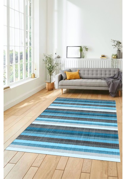 Modern Kilim Desen Dijital Kaymaz Yıkanabilir Yolluk Mutfak Salon Halısı Modern-25-Mavi