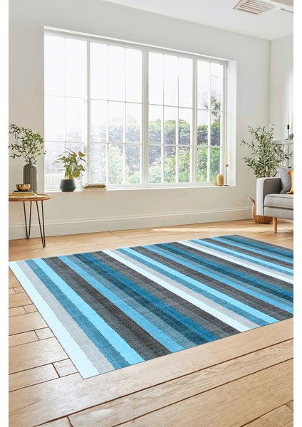 Modern Kilim Desen Dijital Kaymaz Yıkanabilir Yolluk Mutfak Salon Halısı Modern-25-Mavi