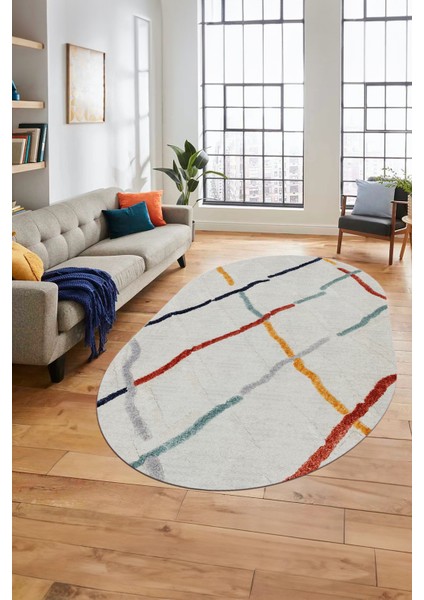 Şık Sade Modern Desenli Dijital Kaymaz Yıkanabilir Oval Yolluk Salon Halısı O-Modern-73-Renkli