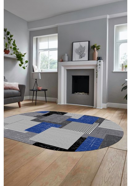 Baskılı Kaymaz Yıkanabilir Oval Koridor Halısı Mutfak Halısı Salon Halısı O-Modern-47-Mavi