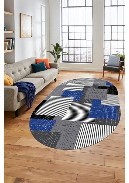 Baskılı Kaymaz Yıkanabilir Oval Koridor Halısı Mutfak Halısı Salon Halısı O-Modern-47-Mavi fiyatları