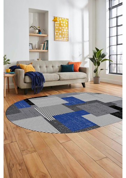 Baskılı Kaymaz Yıkanabilir Oval Koridor Halısı Mutfak Halısı Salon Halısı O-Modern-47-Mavi modelleri