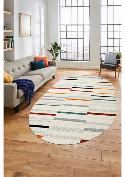 Şık Sade Kilim Desenli Dijital Kaymaz Yıkanabilir Oval Yolluk Mutfak Salon Halısı O-Modern-74-Renkli