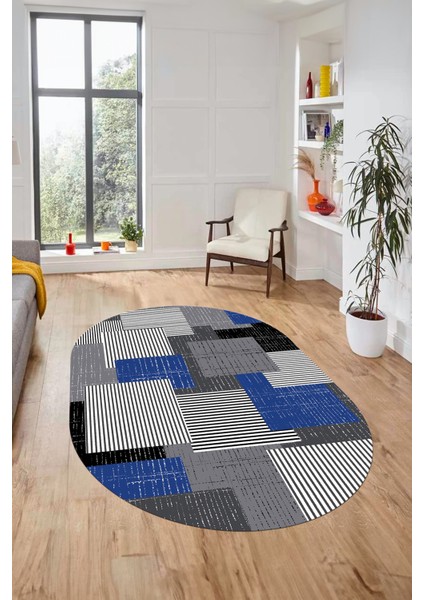 Baskılı Kaymaz Yıkanabilir Oval Koridor Halısı Mutfak Halısı Salon Halısı O-Modern-47-Mavi fırsatları