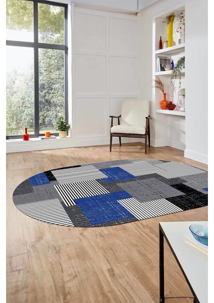 Baskılı Kaymaz Yıkanabilir Oval Koridor Halısı Mutfak Halısı Salon Halısı O-Modern-47-Mavi indirimleri