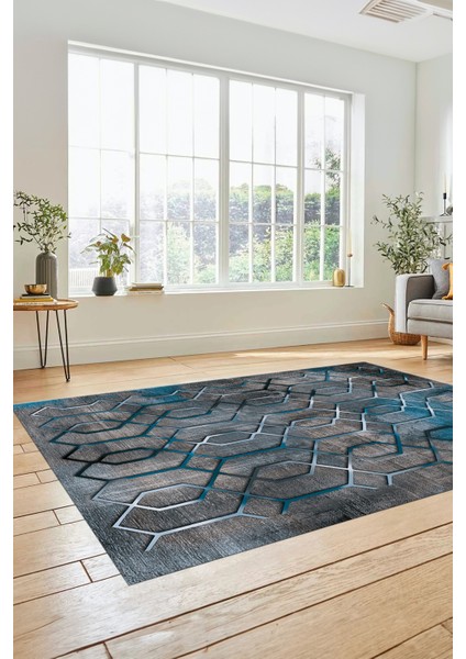 Modern Desen Dijital Kaymaz Yıkanabilir Yolluk Mutfak Salon Halısı Modern-90-Mavi