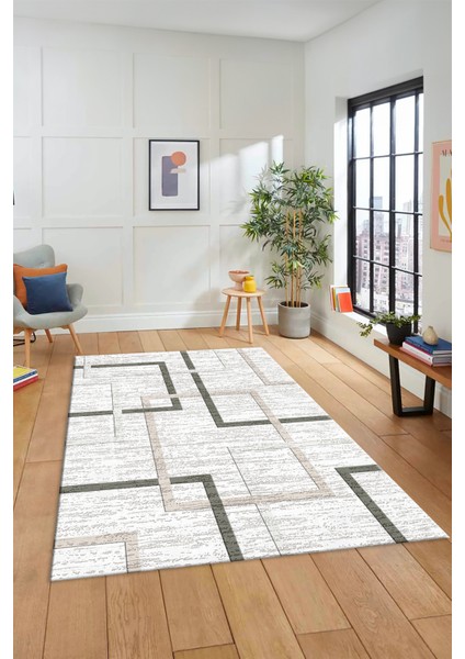 Sade Desen Modern Tasarım Dijital Kaymaz Yıkanabilir Yolluk Mutfak Salon Halısı Modern-80-Krem