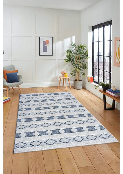 Baskılı Kaymaz Yıkanabilir Kilim Desen Yolluk Mutfak Halısı Salon Halısı Modern-64-Mavi