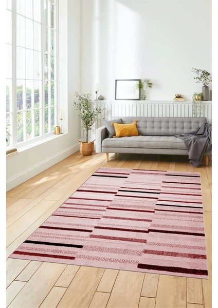 Şık Sade Kilim Desenli Dijital Kaymaz Yıkanabilir Yolluk Mutfak Salon Halısı Modern-74-Pembe